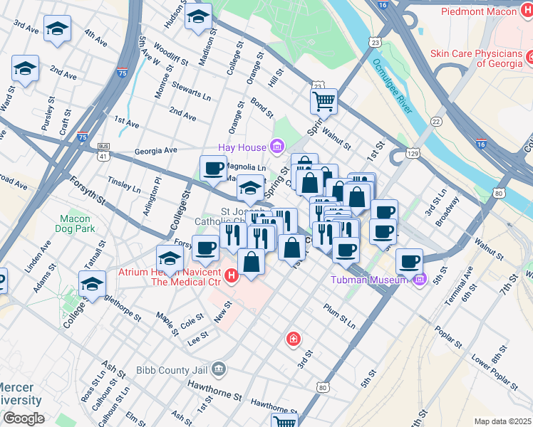 map of restaurants, bars, coffee shops, grocery stores, and more near 861 High Street in Macon