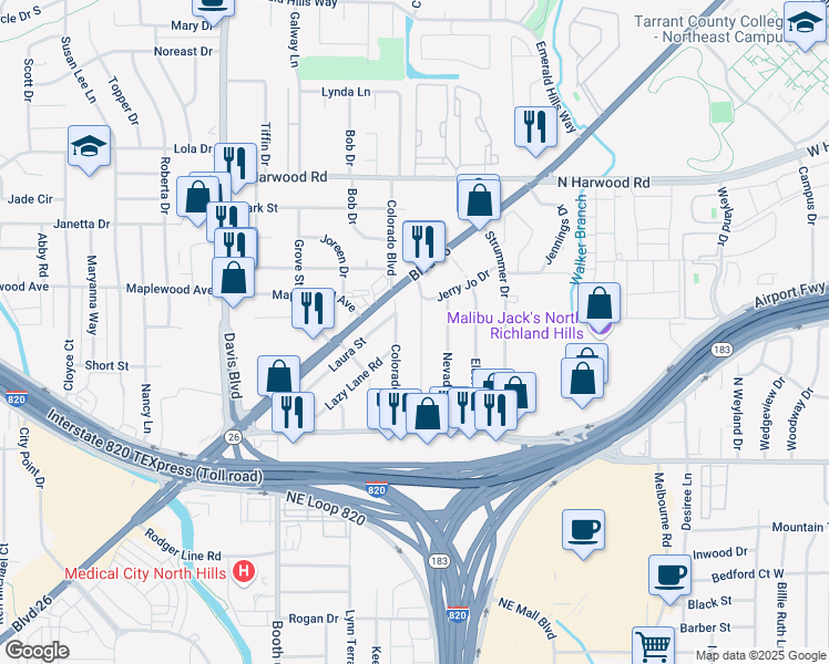 map of restaurants, bars, coffee shops, grocery stores, and more near 5016 Colorado Boulevard in North Richland Hills