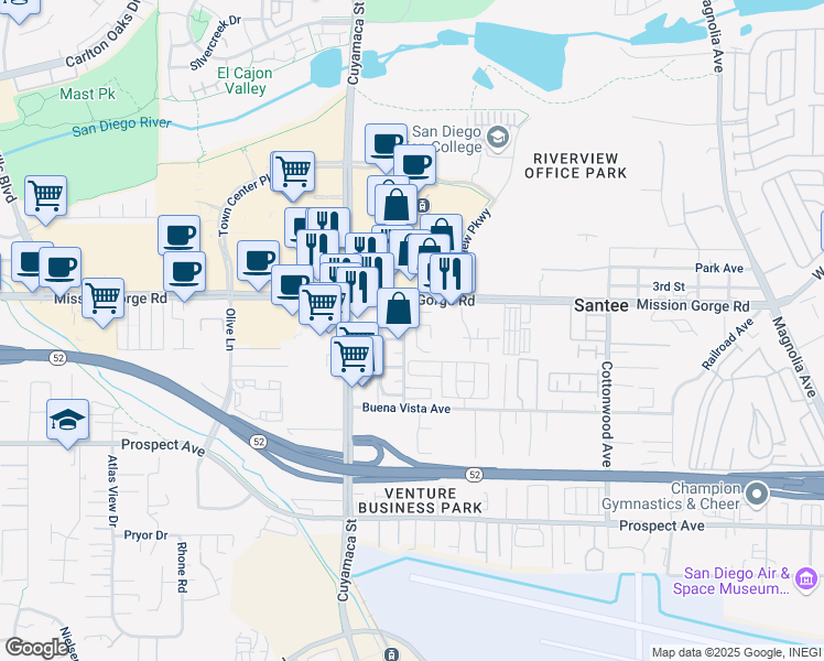 map of restaurants, bars, coffee shops, grocery stores, and more near 8845 Mission Greens Road in Santee