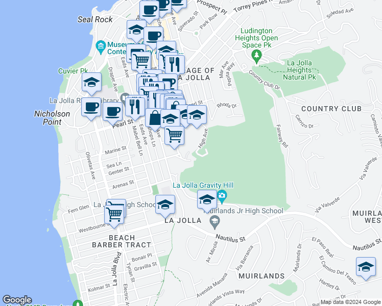 map of restaurants, bars, coffee shops, grocery stores, and more near 1040 Genter Street in San Diego