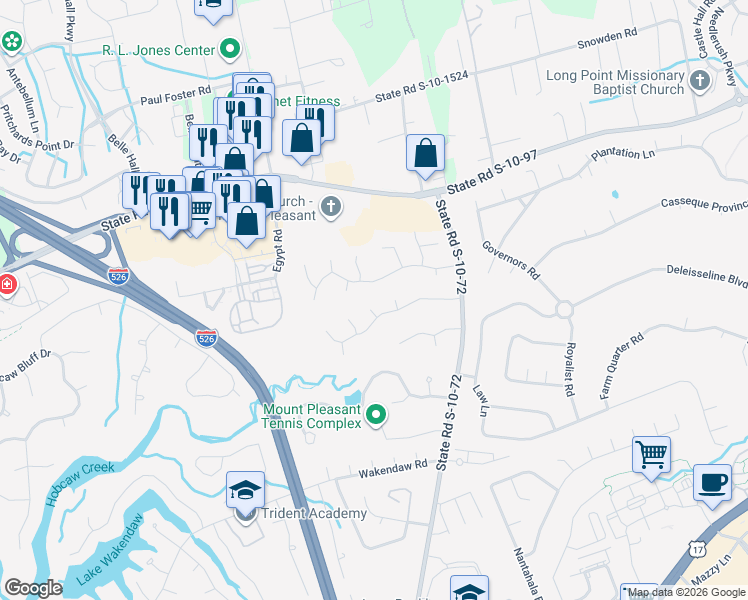 map of restaurants, bars, coffee shops, grocery stores, and more near 1551 Glen Erin Drive in Mount Pleasant