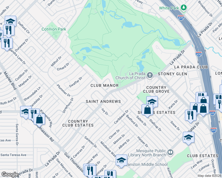 map of restaurants, bars, coffee shops, grocery stores, and more near 4155 Manorview Lane in Dallas