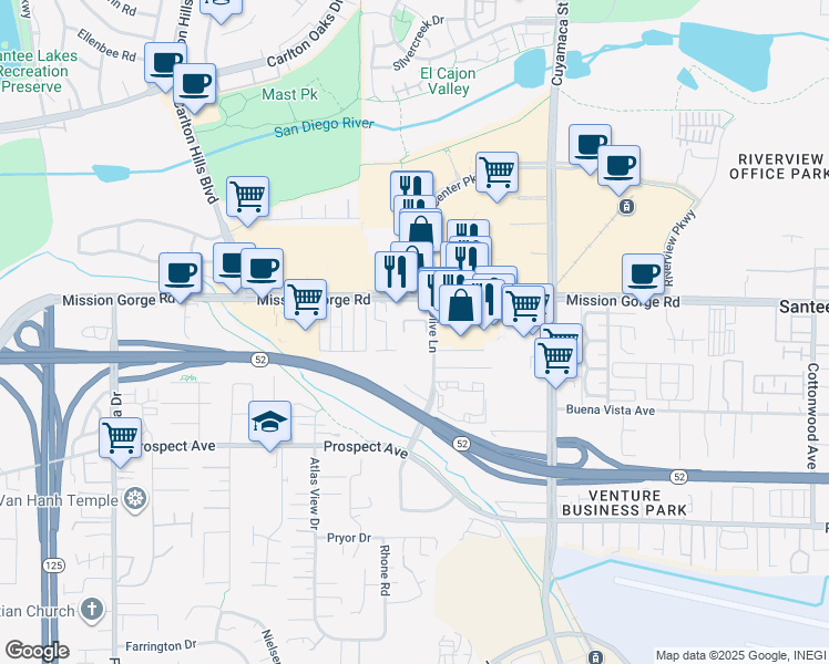 map of restaurants, bars, coffee shops, grocery stores, and more near 8876 Olive Lane in Santee