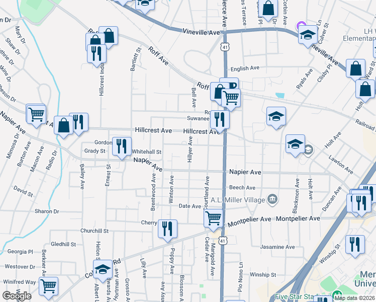 map of restaurants, bars, coffee shops, grocery stores, and more near 2702 Cherokee Avenue in Macon