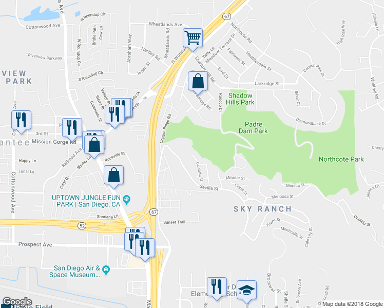 map of restaurants, bars, coffee shops, grocery stores, and more near 1507 Calabria Street in Santee