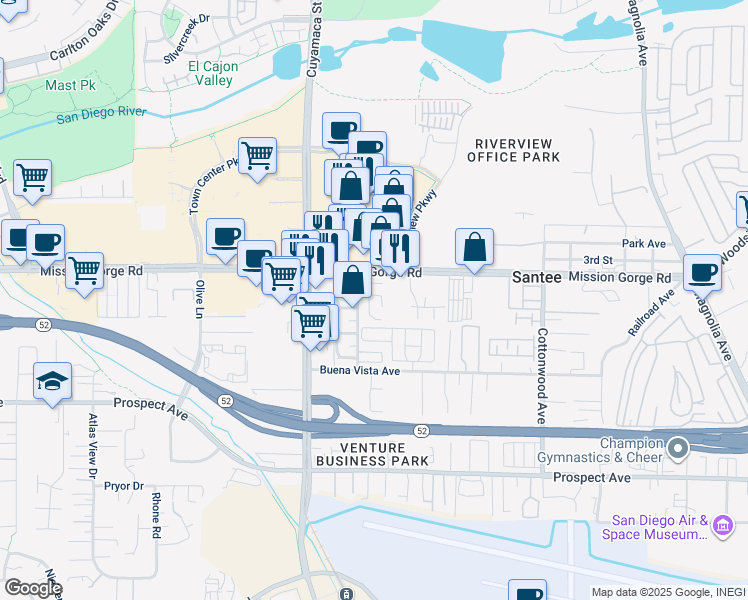 map of restaurants, bars, coffee shops, grocery stores, and more near 8842 Mission Vega Court in Santee