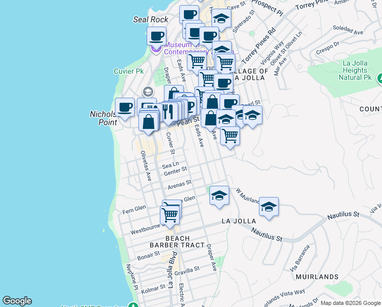 map of restaurants, bars, coffee shops, grocery stores, and more near 7321 Draper Avenue in San Diego