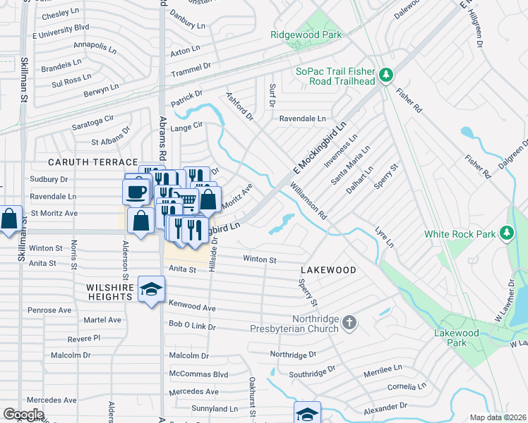 map of restaurants, bars, coffee shops, grocery stores, and more near 4205 Briar Creek Lane in Dallas