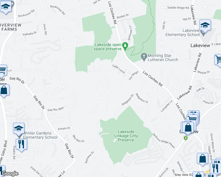 map of restaurants, bars, coffee shops, grocery stores, and more near 8838 Via Diego Terrace in Lakeside