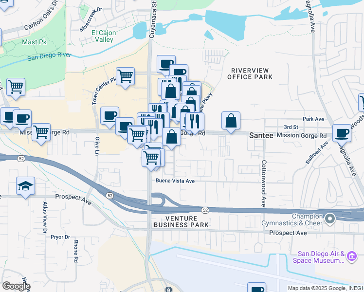 map of restaurants, bars, coffee shops, grocery stores, and more near 8842 Mission Vega Court in Santee