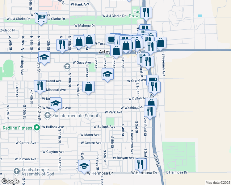 map of restaurants, bars, coffee shops, grocery stores, and more near 411 West Missouri Avenue in Artesia
