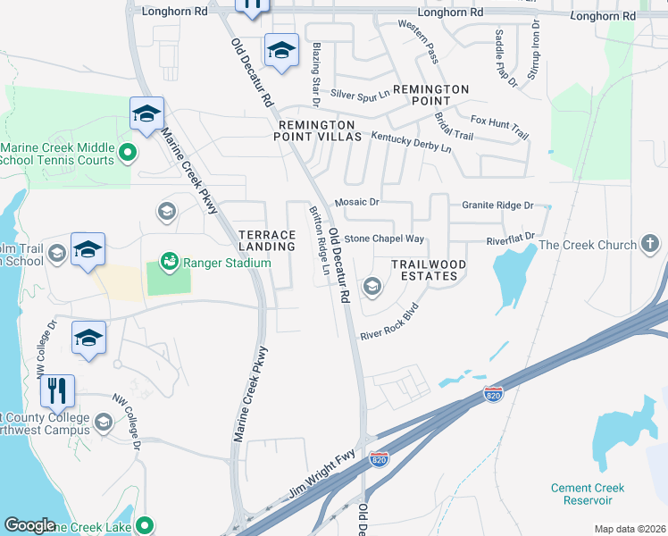 map of restaurants, bars, coffee shops, grocery stores, and more near 5137 Britton Ridge Lane in Fort Worth
