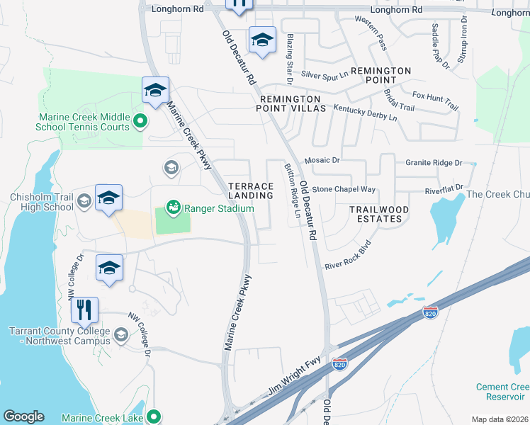 map of restaurants, bars, coffee shops, grocery stores, and more near 5165 Austin Ridge Drive in Fort Worth