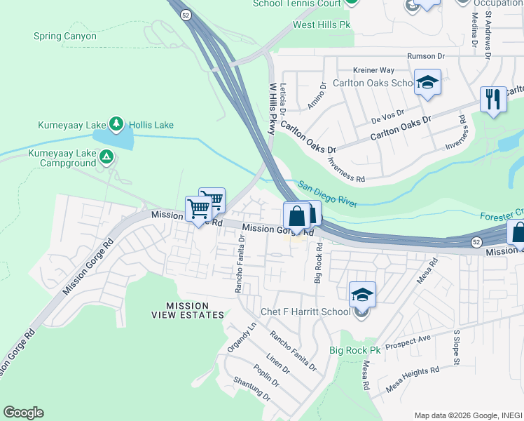 map of restaurants, bars, coffee shops, grocery stores, and more near 120 Via Sovana in Santee