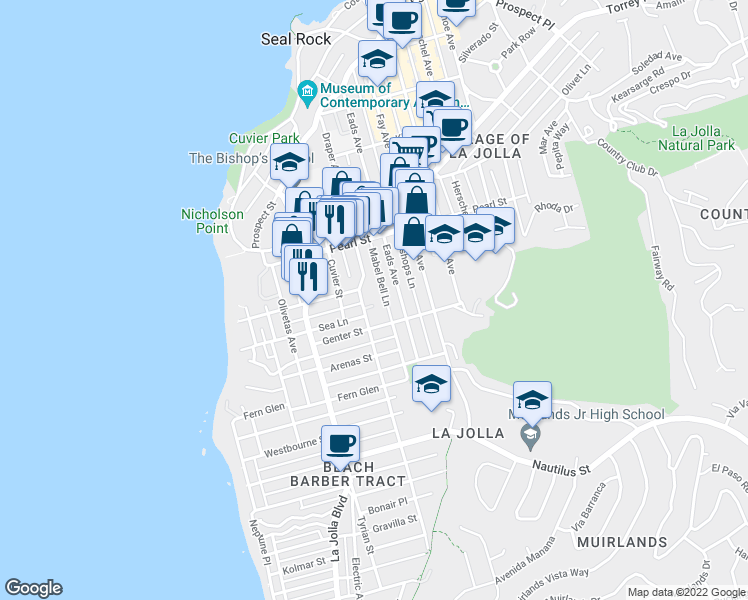 map of restaurants, bars, coffee shops, grocery stores, and more near 7361 Draper Avenue in San Diego