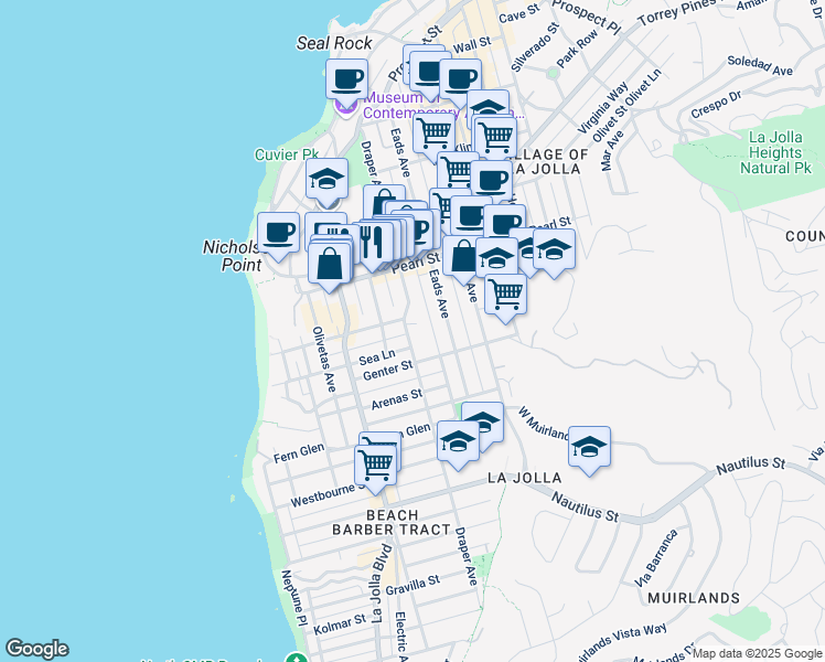 map of restaurants, bars, coffee shops, grocery stores, and more near 7361 Draper Avenue in San Diego