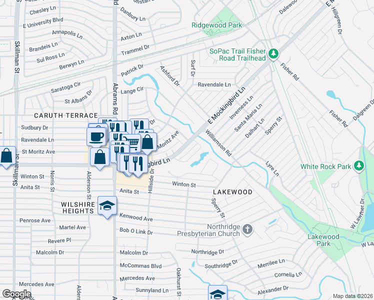 map of restaurants, bars, coffee shops, grocery stores, and more near 4205 Briar Creek Lane in Dallas