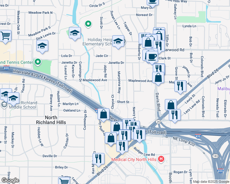 map of restaurants, bars, coffee shops, grocery stores, and more near 5009 Maryanna Way in Fort Worth