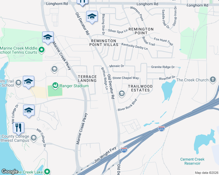 map of restaurants, bars, coffee shops, grocery stores, and more near 5137 Britton Ridge Lane in Fort Worth