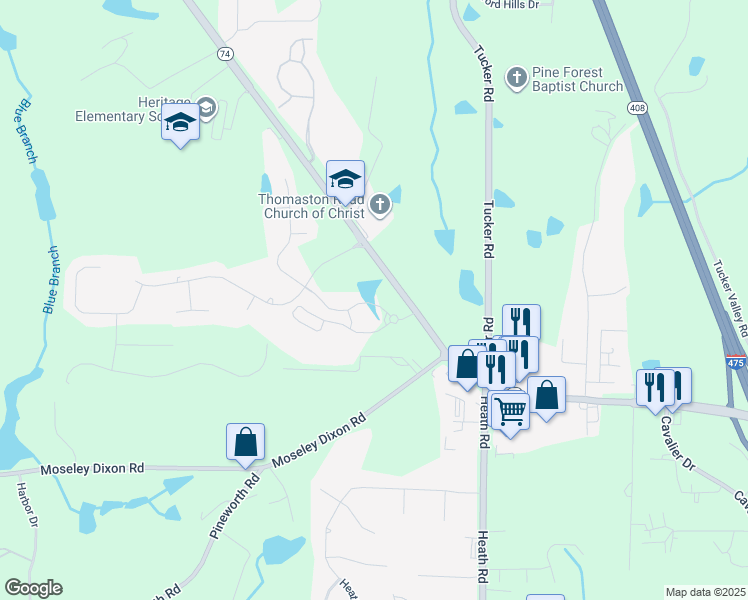 map of restaurants, bars, coffee shops, grocery stores, and more near 5776 Thomaston Road in Macon
