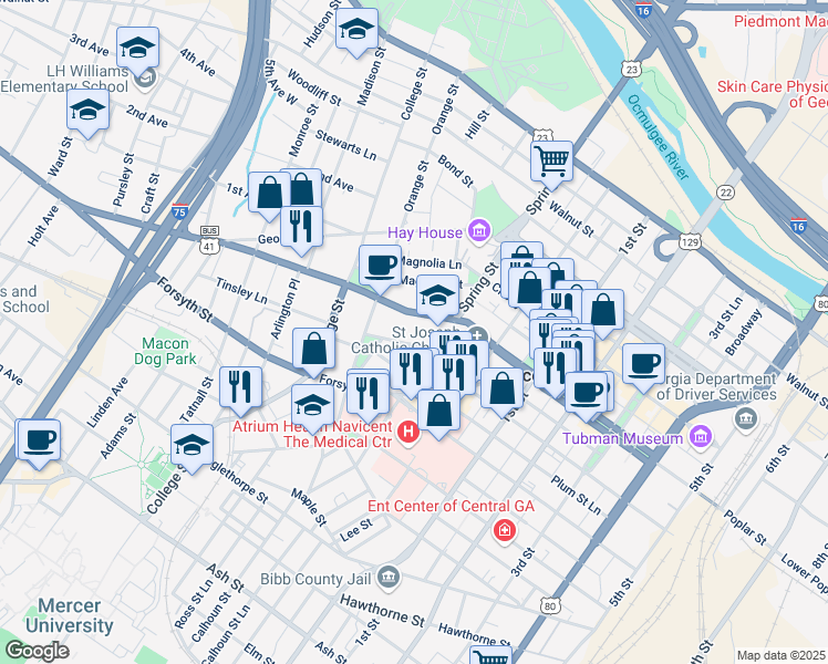 map of restaurants, bars, coffee shops, grocery stores, and more near 935 High Street in Macon