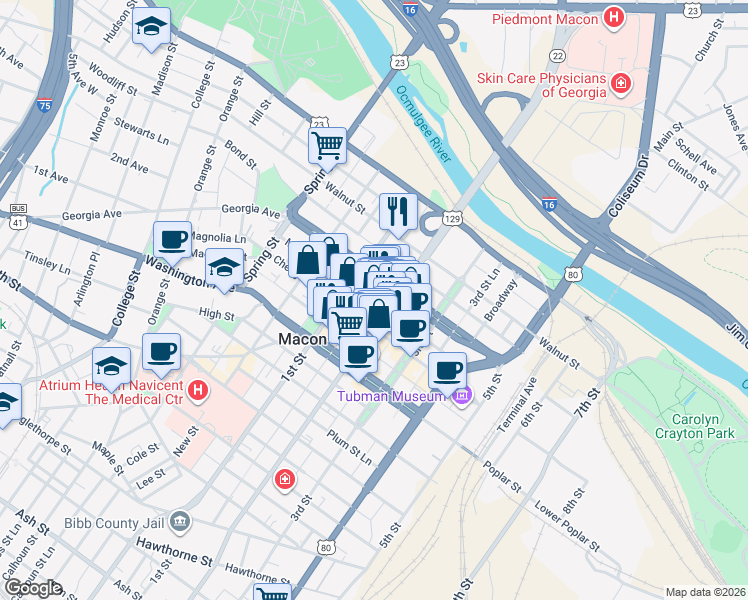 map of restaurants, bars, coffee shops, grocery stores, and more near 320 1st Street in Macon