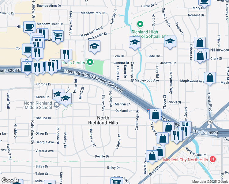 map of restaurants, bars, coffee shops, grocery stores, and more near 7204 Northeast Loop 820 in North Richland Hills