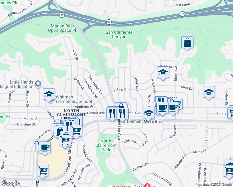 map of restaurants, bars, coffee shops, grocery stores, and more near 5062 Millwood Road in San Diego