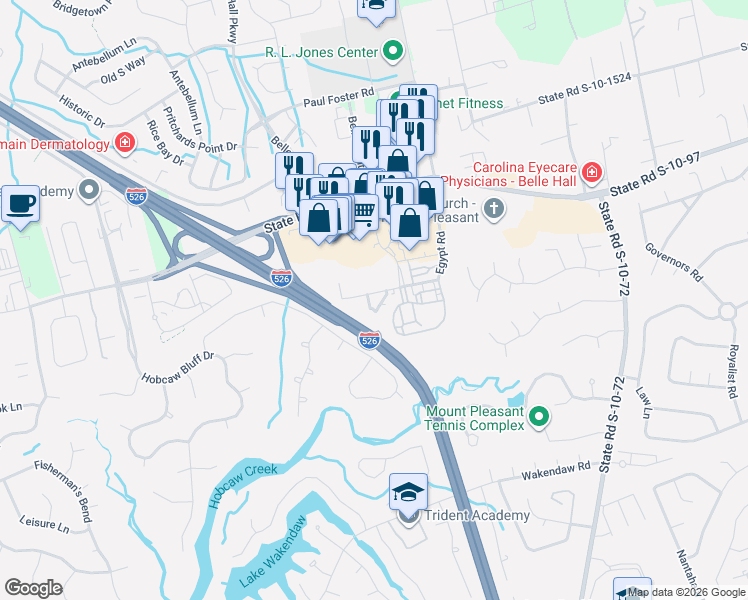map of restaurants, bars, coffee shops, grocery stores, and more near 1600 Belle Isle Avenue in Mount Pleasant