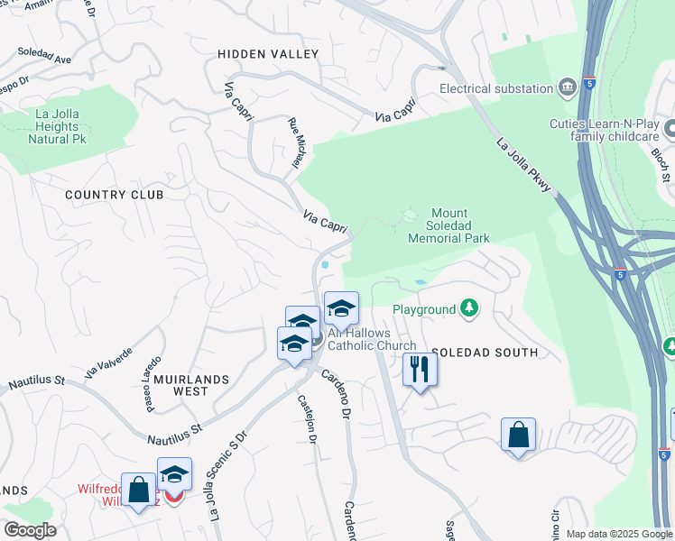 map of restaurants, bars, coffee shops, grocery stores, and more near 6735 La Jolla Scenic South Drive in San Diego