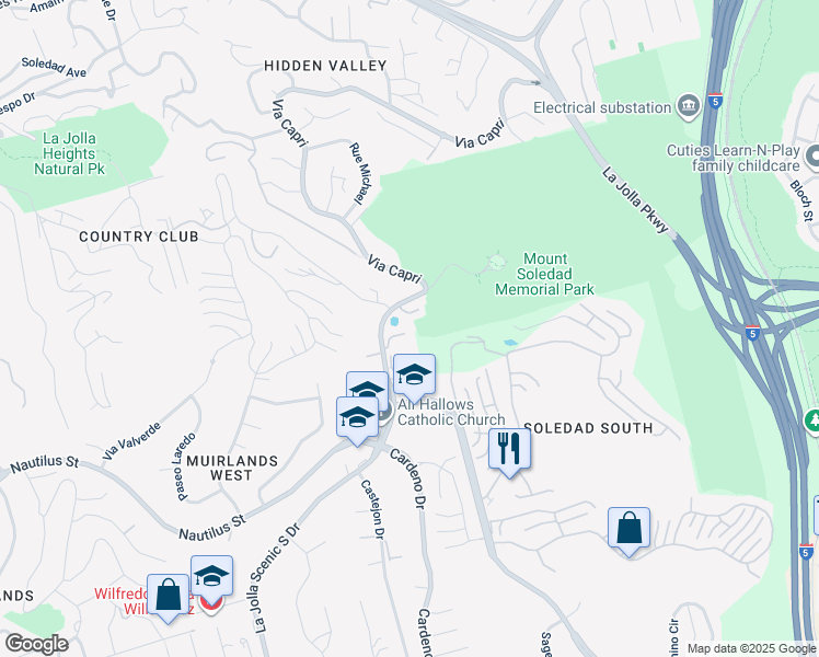 map of restaurants, bars, coffee shops, grocery stores, and more near 6735 La Jolla Scenic South Drive in San Diego