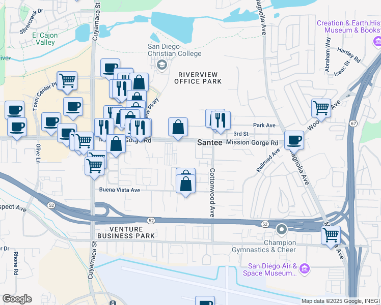 map of restaurants, bars, coffee shops, grocery stores, and more near 10233 Mission Gorge Road in Santee