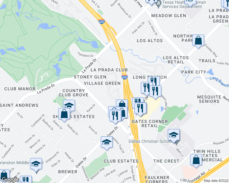 map of restaurants, bars, coffee shops, grocery stores, and more near 2125 Pinehurst Lane in Mesquite