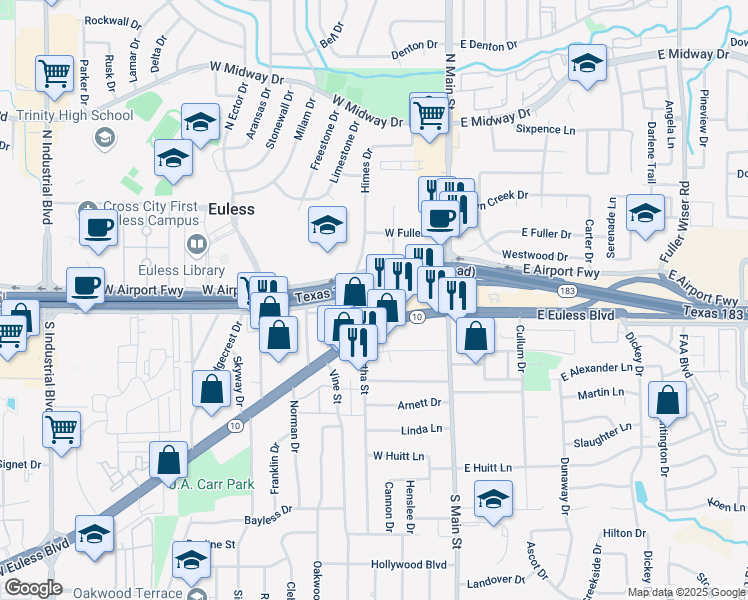 map of restaurants, bars, coffee shops, grocery stores, and more near 209 Airport Freeway in Euless