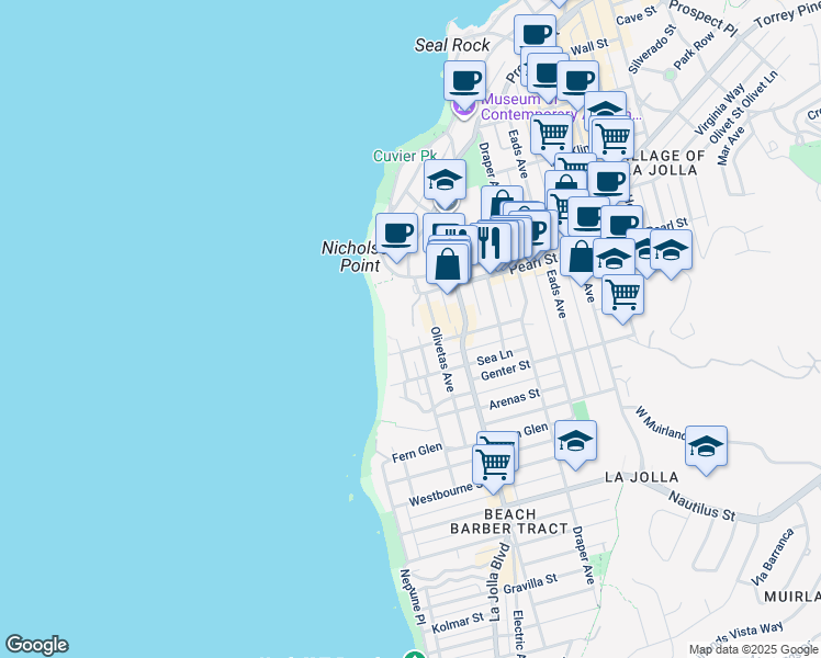 map of restaurants, bars, coffee shops, grocery stores, and more near 7450 Olivetas Avenue in San Diego