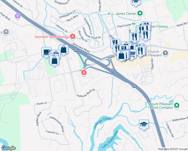map of restaurants, bars, coffee shops, grocery stores, and more near 601 Solana Way in Mount Pleasant