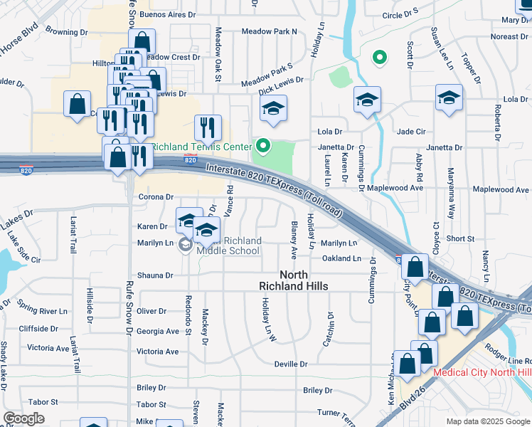 map of restaurants, bars, coffee shops, grocery stores, and more near 7112 Corona Drive in Fort Worth