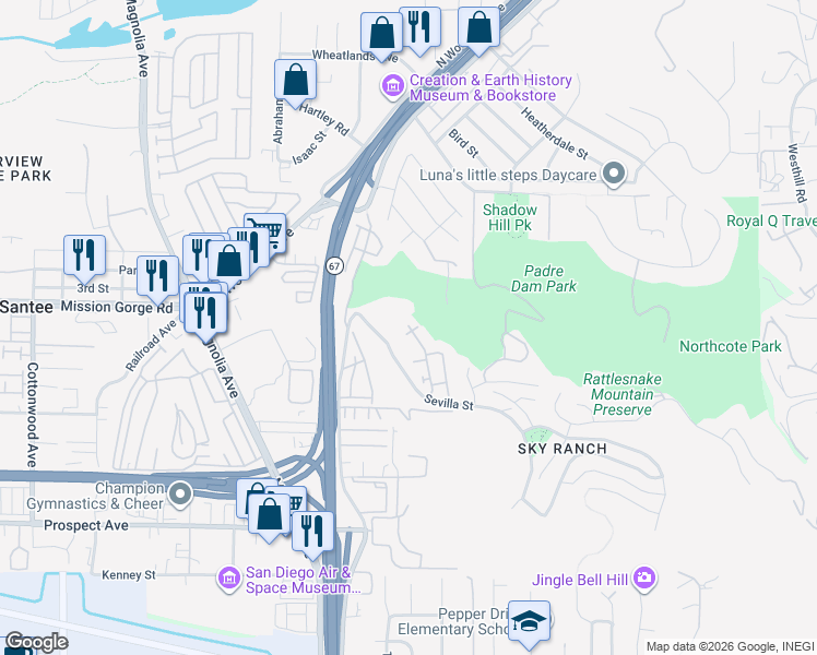 map of restaurants, bars, coffee shops, grocery stores, and more near 1506 Calabria Street in Santee