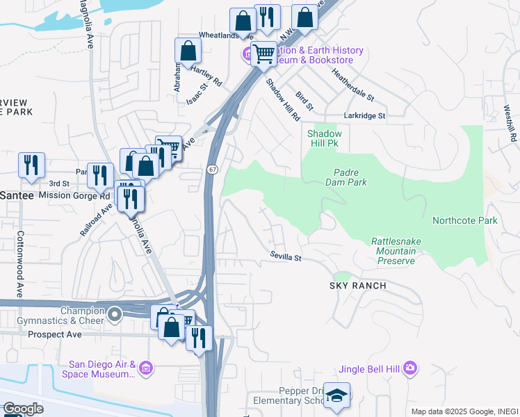 map of restaurants, bars, coffee shops, grocery stores, and more near 1507 Calabria Street in Santee