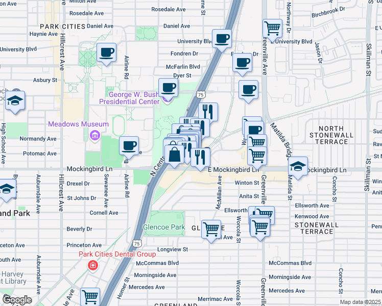 map of restaurants, bars, coffee shops, grocery stores, and more near 5331 East Mockingbird Lane in Dallas