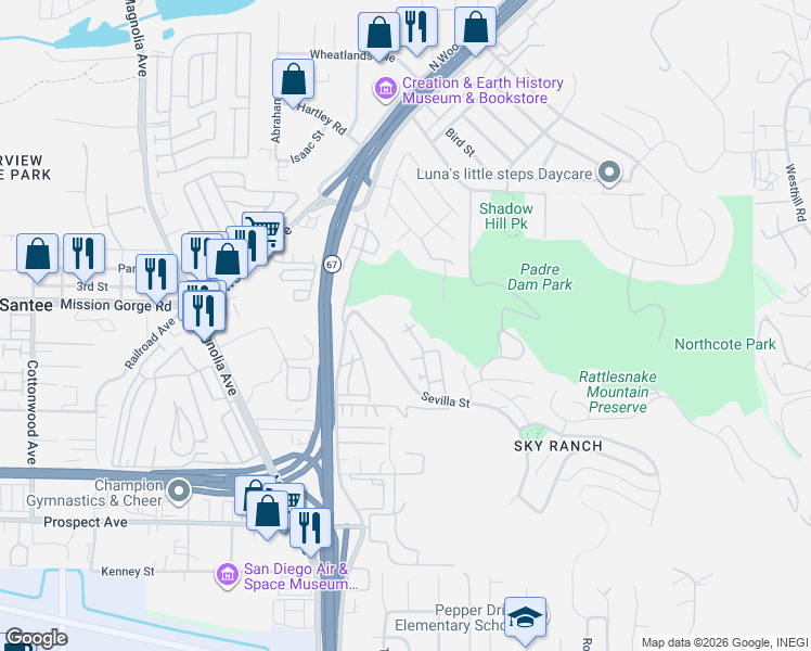 map of restaurants, bars, coffee shops, grocery stores, and more near 1503 Calabria Street in Santee