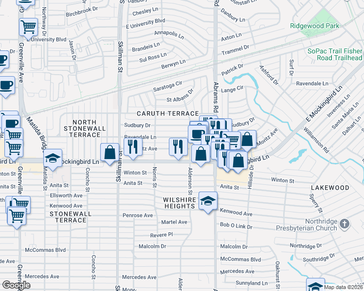 map of restaurants, bars, coffee shops, grocery stores, and more near 6254 Ravendale Lane in Dallas