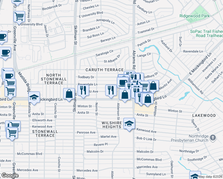 map of restaurants, bars, coffee shops, grocery stores, and more near 6254 Ravendale Lane in Dallas