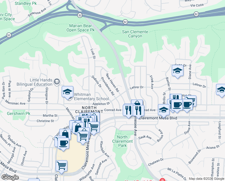 map of restaurants, bars, coffee shops, grocery stores, and more near 5058 New Haven Road in San Diego
