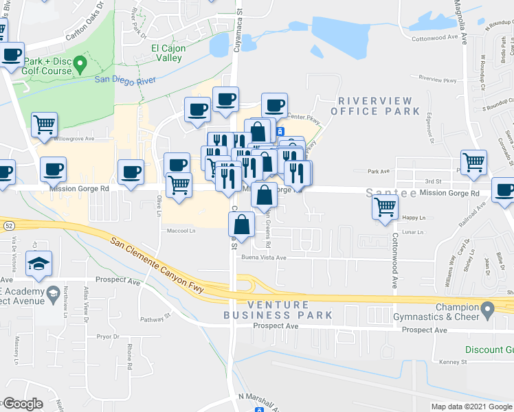 map of restaurants, bars, coffee shops, grocery stores, and more near 9838 Mission Vega Road in Santee