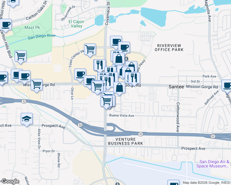 map of restaurants, bars, coffee shops, grocery stores, and more near 9846 Mission Vega Road in Santee