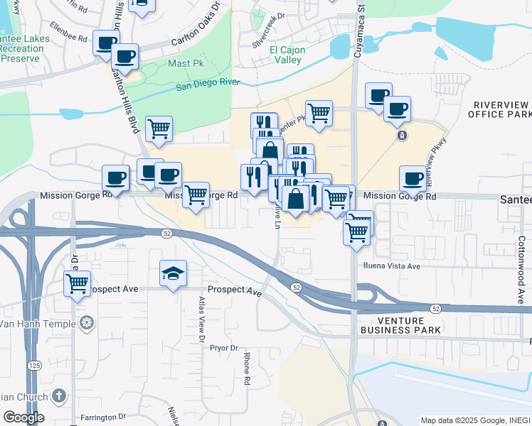 map of restaurants, bars, coffee shops, grocery stores, and more near 9551 Mission Gorge Road in Santee