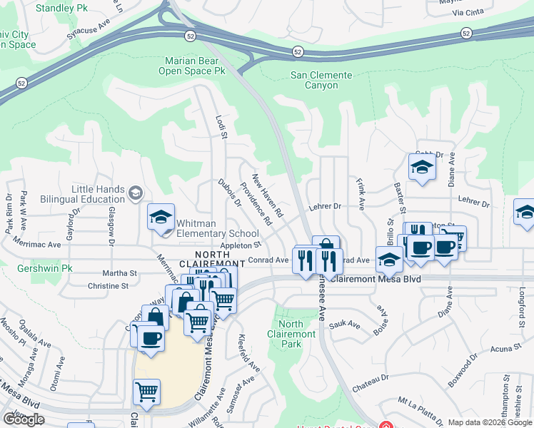 map of restaurants, bars, coffee shops, grocery stores, and more near 5058 New Haven Road in San Diego