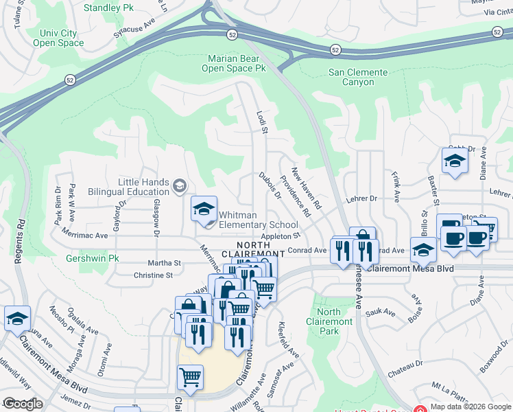 map of restaurants, bars, coffee shops, grocery stores, and more near 5122 Caywood Street in San Diego