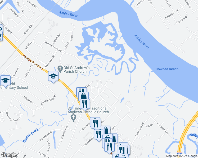 map of restaurants, bars, coffee shops, grocery stores, and more near 2245 Parsonage Road in Charleston